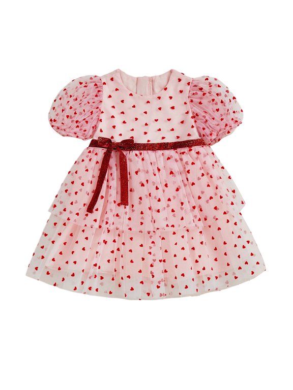 Toddler Baby Girls Heart Tulle Tutu Dress Bubble Sleeve Valentines Day Dress Outfit Spring Summer Clothes
