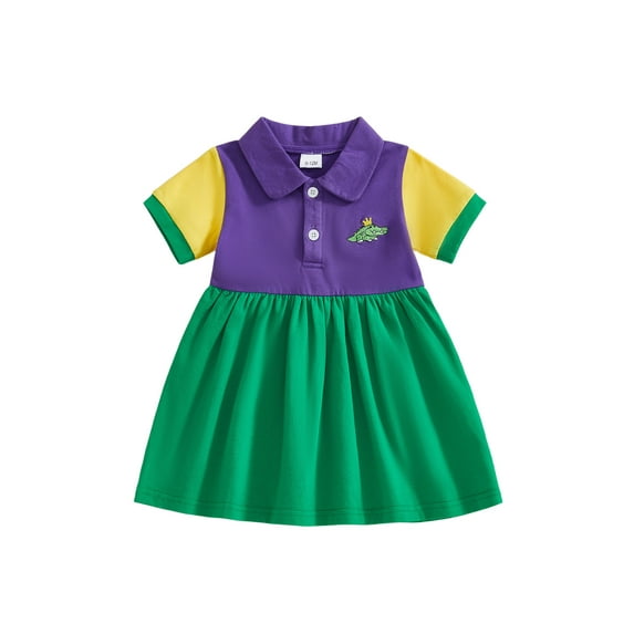 BemeyourBBs Toddler Baby Girls Mardi Gras Outfit Infant Spring Summer Clothes Carnival Dress Short Sleeve Turn Down Collar Crocodile Embroidery Dress