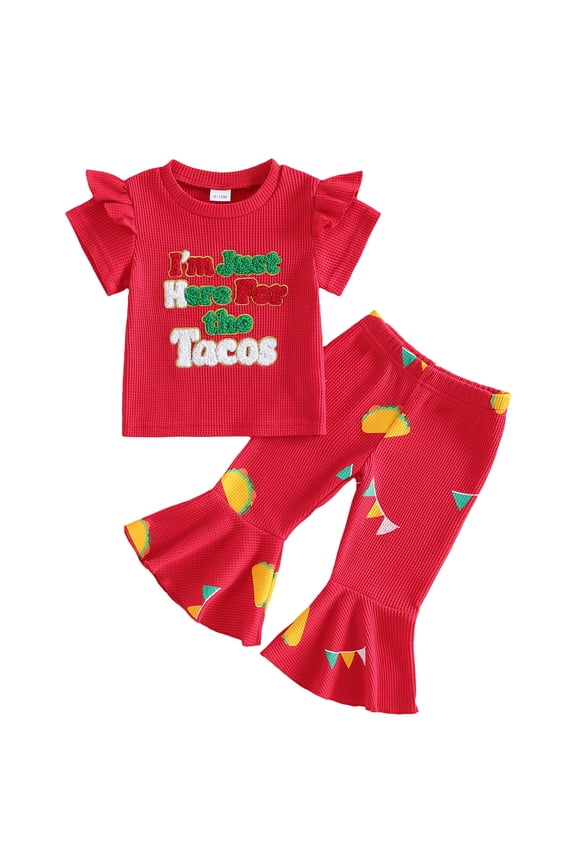 Toddler Baby Girls Mexican Fiesta Outfits Cinco De Mayo Baby Girl Outfit Summer Clothes Sombrero Embroidery Print Short Sleeves T-Shirt and Elastic Flare Pants Set