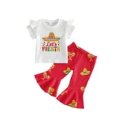 BemeyourBBs Toddler Baby Girls Mexican Fiesta Outfits Cinco De Mayo Baby Girl Outfit Summer Clothes Sombrero Embroidery Print Short Sleeves T-Shirt and Elastic Flare Pants Set
