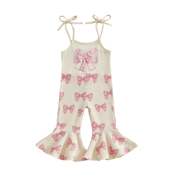 BemeyourBBs Toddler Baby Girls Pink Bow Outfit Bell Bottom Romper Jumpsuit Sleeveless Bow Print Suspender Flared Pants Spring Summer Clothes