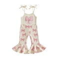 thumbnail image 1 of BemeyourBBs Toddler Baby Girls Pink Bow Outfit Bell Bottom Romper Jumpsuit Sleeveless Bow Print Suspender Flared Pants Spring Summer Clothes, 1 of 9