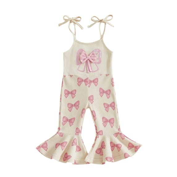 BemeyourBBs Toddler Baby Girls Pink Bow Outfit Bell Bottom Romper Jumpsuit Sleeveless Bow Print Suspender Flared Pants Spring Summer Clothes