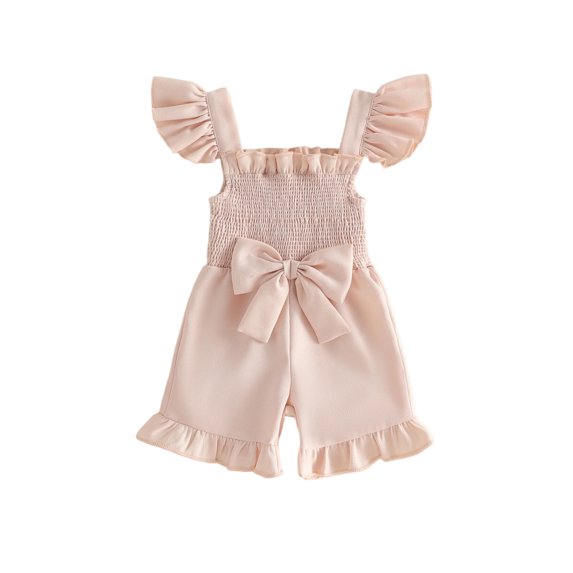 BemeyourBBs Toddler Baby Girls Smocked Rompers Summer One Piece Jumpsuits Clothes Solid Color Ruched Bowknot Front Fly Sleeve Infant Playsuit Ruffle Overalls Shorts