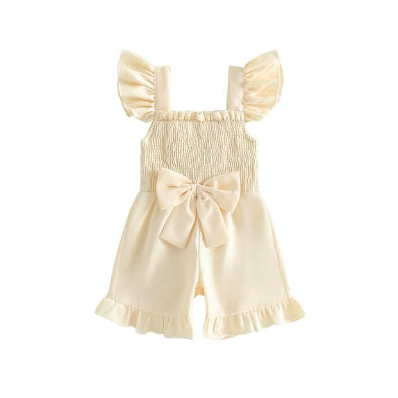 BemeyourBBs Toddler Baby Girls Smocked Rompers Summer One Piece Jumpsuits Clothes Solid Color Ruched Bowknot Front Fly Sleeve Infant Playsuit Ruffle Overalls Shorts