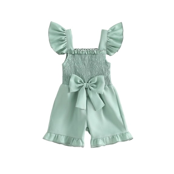 BemeyourBBs Toddler Baby Girls Smocked Rompers Summer One Piece Jumpsuits Clothes Solid Color Ruched Bowknot Front Fly Sleeve Infant Playsuit Ruffle Overalls Shorts
