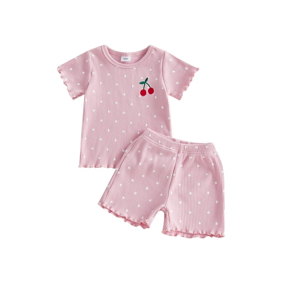BemeyourBBs Toddler Baby Girls Summer 2 Piece Cherry Outfits Rib Knit Cherry Embroidery Polka Dot Short Sleeve Round Neck T Shirt Tops and Shorts Set