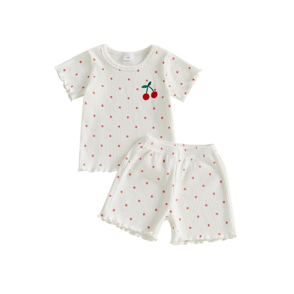 BemeyourBBs Toddler Baby Girls Summer 2 Piece Cherry Outfits Rib Knit Cherry Embroidery Polka Dot Short Sleeve Round Neck T Shirt Tops and Shorts Set