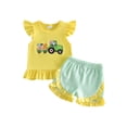 thumbnail image 1 of BemeyourBBs Toddler Baby Girls Summer Clothes 2 Piece Outfits Baby Christening Clothes God Is Good All the Time Letter Bow Embroidery Flying Sleeve T Shirt Tops and Ruffle Shorts Set, 1 of 9