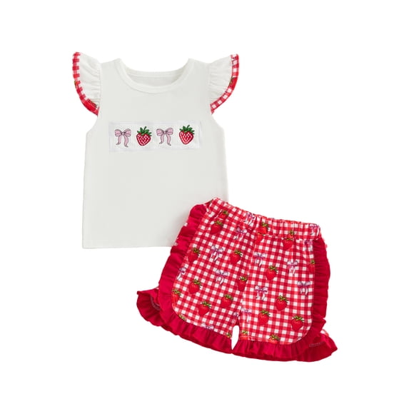 BemeyourBBs Toddler Baby Girls Summer Clothes 2 Piece Outfits Strawberry Embroidery Flying Sleeve T Shirt Tops and Plaid Shorts Set