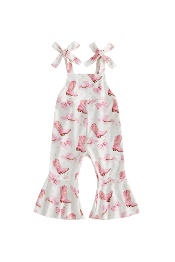 Toddler Baby Girls Summer Clothes Bee Western Boots Cherry Romper Overalls Jumpsuit Bell Bottoms Casual Tie Shoulder Flared Pants Overalls Cute Infant Spring Summer Clothes