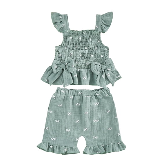 BemeyourBBs Toddler Baby Girls Summer Clothes Cotton Linen 2 Pieces Outfit Cute Bow Print Flying Sleeve Smocked Tank Tops with Ruffle Shorts Set