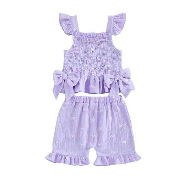BemeyourBBs Toddler Baby Girls Summer Clothes Cotton Linen 2 Pieces Outfit Cute Bow Print Flying Sleeve Smocked Tank Tops with Ruffle Shorts Set