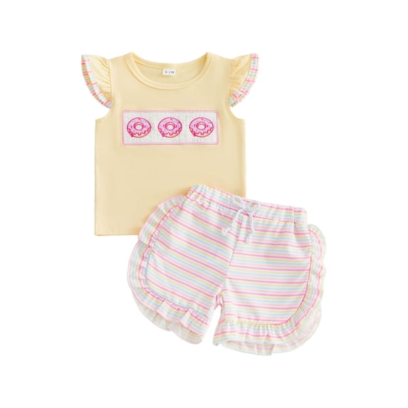 BemeyourBBs Toddler Baby Girls Summer Clothes Infant Baby Girl 2 Piece Outfits Adorable Donut Embroidery Flying Sleeve T Shirt Tops and Striped Ruffled Shorts Set