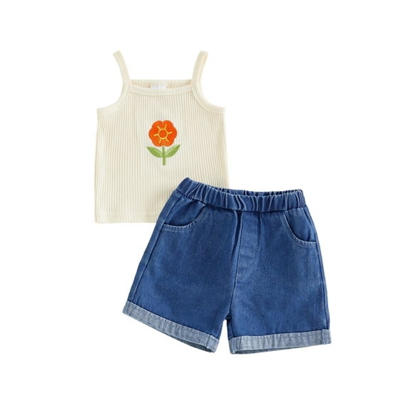 BemeyourBBs Toddler Baby Girls Summer Clothes Infant Baby Girl Denim Outfit Cute Bee Cake Ice Cream Floral Embroidery Ribbed Tank Vest Tops with Pockets Rolled Jeans Denim Shorts 2Pcs Set