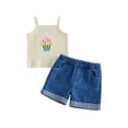 thumbnail image 1 of BemeyourBBs Toddler Baby Girls Summer Clothes Infant Baby Girl Denim Outfit Cute Bee Cake Ice Cream Floral Embroidery Ribbed Tank Vest Tops with Pockets Rolled Jeans Denim Shorts 2Pcs Set, 1 of 8
