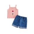 thumbnail image 1 of BemeyourBBs Toddler Baby Girls Summer Clothes Infant Baby Girl Denim Outfit Cute Bee Cake Ice Cream Floral Embroidery Ribbed Tank Vest Tops with Pockets Rolled Jeans Denim Shorts 2Pcs Set, 1 of 7