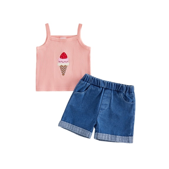BemeyourBBs Toddler Baby Girls Summer Clothes Infant Baby Girl Denim Outfit Cute Bee Cake Ice Cream Floral Embroidery Ribbed Tank Vest Tops with Pockets Rolled Jeans Denim Shorts 2Pcs Set