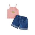 thumbnail image 1 of BemeyourBBs Toddler Baby Girls Summer Clothes Infant Baby Girl Denim Outfit Cute Bee Cake Ice Cream Floral Embroidery Ribbed Tank Vest Tops with Pockets Rolled Jeans Denim Shorts 2Pcs Set, 1 of 9