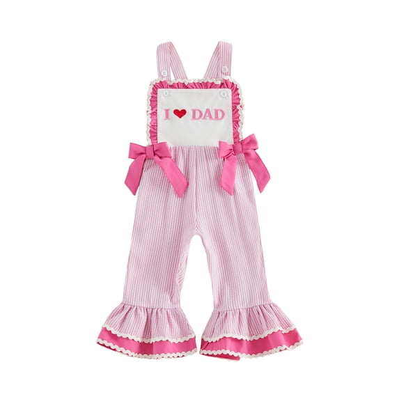 BemeyourBBs Toddler Baby Girls Summer Clothes Infant Baby Girl Fathers Day Outfit Romper Overalls Sleeveless I Love Dad Letter Heart Embroidery Stripe One Piece Jumpsuit Overalls Bell Bottom