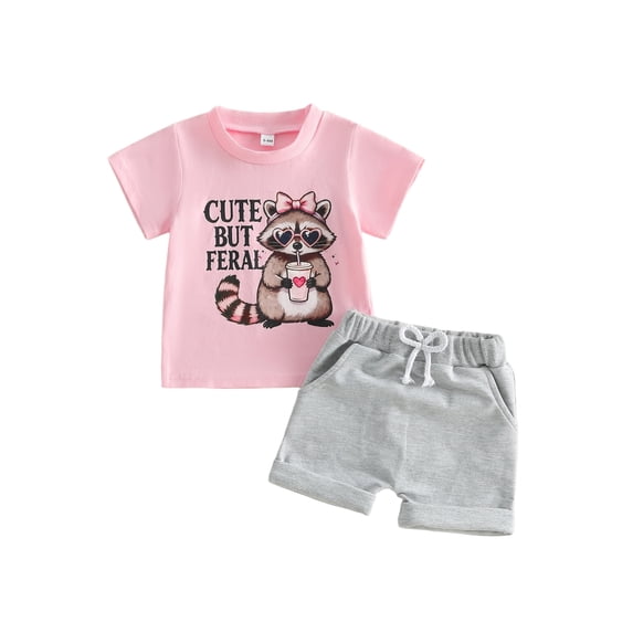BemeyourBBs Toddler Baby Girls Summer Clothes Infant Baby Girl Raccoon Outfit Cute but Feral Letters Print Short Sleeve Raccoon Print T Shirt Tops with Pockets Shorts 2Pcs Set