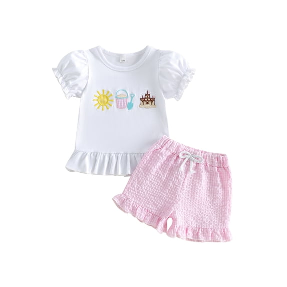 BemeyourBBs Toddler Baby Girls Summer Clothes Infant Baby Girl Summer Beach 2 Piece Outfits Cute Sun Castle Embroidery Short Sleeve T Shirt Tops and Ruffled Plaid Shorts Set