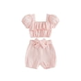 thumbnail image 1 of BemeyourBBs Toddler Baby Girls Summer Clothes Infant Baby Girls 2 Piece Outfits Short Puff Sleeve Square Neck Ruched Shirt Tops Belted Shorts Sets, 1 of 9