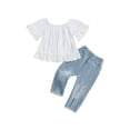 thumbnail image 1 of BemeyourBBs Toddler Baby Girls Summer Clothes Infant Baby Girls Denim Outfit Off Shoulder Tops Bell Short Sleeve Lace Shirt Top Ripped Jeans Denim Pearl Pants Set, 1 of 9
