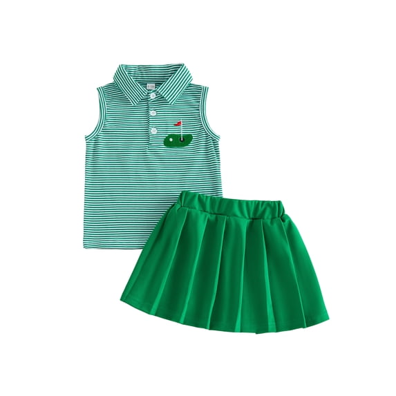 BemeyourBBs Toddler Baby Girls Summer Clothes Little Baby Girl Golf Outfit Sleeveless Golf Cart Embroidery Striped Vest Tank Tops with Pleated Skirt 2Pcs Set
