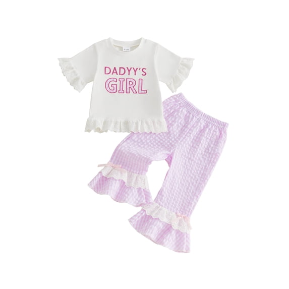 BemeyourBBs Toddler Baby Girls Summer Clothes Silly Goose Outfit Short Sleeve Letters Print Ruffle T Shirt Tops with Bell Bottom Flare Pants 2Pcs Clothing Set