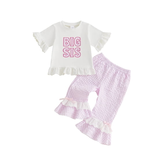 BemeyourBBs Toddler Baby Girls Summer Clothes Silly Goose Outfit Short Sleeve Letters Print Ruffle T Shirt Tops with Bell Bottom Flare Pants 2Pcs Clothing Set