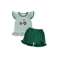 thumbnail image 1 of BemeyourBBs Toddler Baby Girls Summer Outfits Infant Baby Girl Clothes 1T 2T 3T 4T Tractor Embroidery Striped Fly Sleeves T Shirt Tops and Elastic Ruffles Shorts Set, 1 of 9
