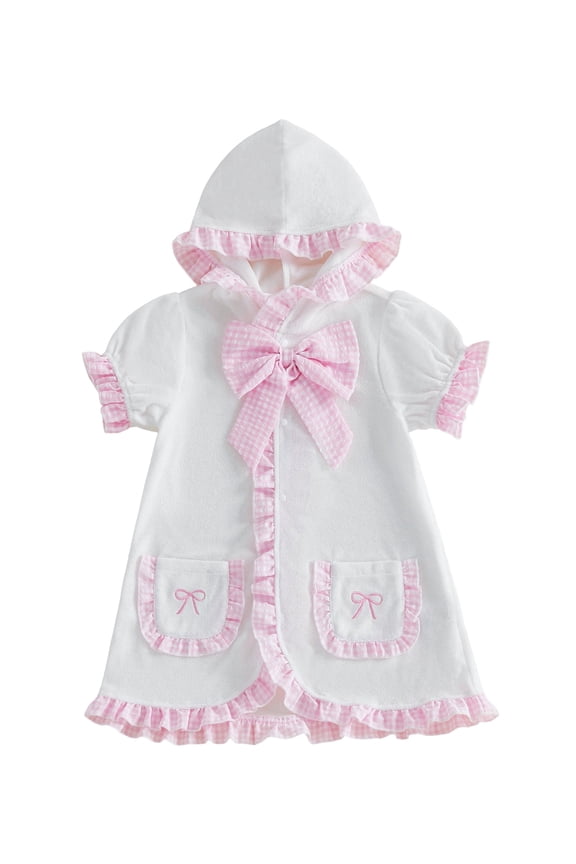 Toddler Baby Girls Swim Cover Up Swimwear Ruffle Poncho Kids Swimsuit Coverup Plaid Front Bow Beach Bathing Suit Bathing Robe Short Sleeve Hooded Coverups Beachwear Wrap with Pockets