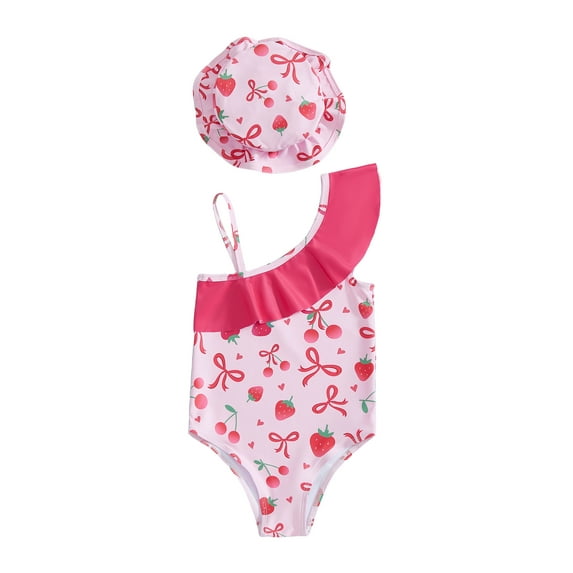 BemeyourBBs Toddler Baby Girls Swimsuit with Hat 2 Pcs Set Cherry Bow Strawberry Print Ruffled Trim Spaghetti Strap Sleeveless Swimwear