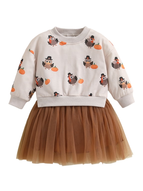 Toddler Baby Girls Thanksgiving Dress Outfit Baby Girl Fall Tulle Patchwork Tutu Dress Long Sleeve Pumpkin Turcky Print Holiday Party Dress Toddler Girls Thanksgiving Outfit