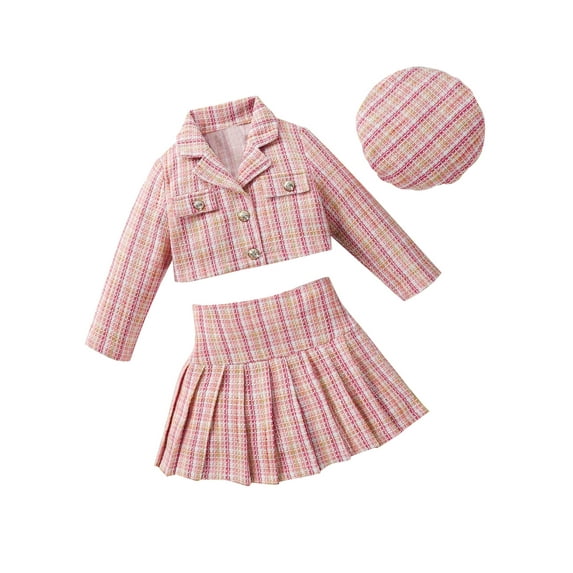 BemeyourBBs Toddler Baby Girls Tweed 3 Piece Outfit Plaid Tweed Dress Skirt Set Long Sleeve Button Down Crop Jacket Blazer Coat Pleated Skirt With Hat Spring Fall Winter Clothes