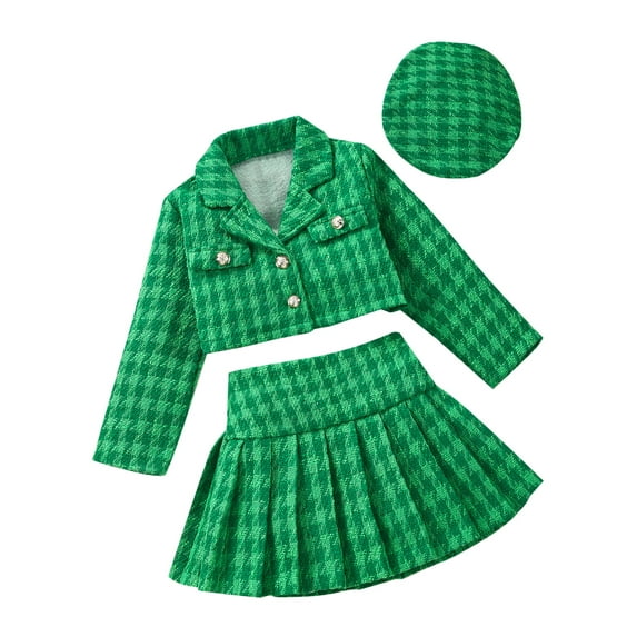BemeyourBBs Toddler Baby Girls Tweed 3 Piece Outfit Plaid Tweed Dress Skirt Set Long Sleeve Button Down Crop Jacket Blazer Coat Pleated Skirt With Hat Spring Fall Winter Clothes