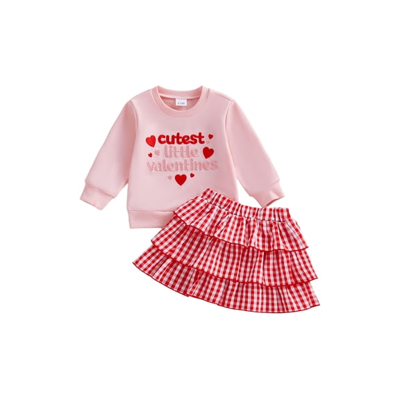 BemeyourBBs Toddler Baby Girls Valentines Day 2 Piece Outfits Fall Winter Spring Clothes Heart Letter Embroidery Long Sleeve Crewneck Sweatshirt Tops and Plaid Tiered Skirt Set