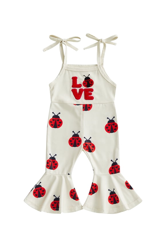 Toddler Baby Girls Valentines Day Outfit Ladybug Romper Overalls Love Letter Spaghetti Strap Tie Shoulder Jumpsuit Bell Bottoms Flare Pants