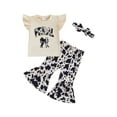 thumbnail image 1 of BemeyourBBs Toddler Baby Girls Western Cowgirl Outfits Spring Summer Clothes Cow Print Bow Flying Sleeve Tops with Bell Bottom Flare Pants Set Headband, 1 of 9