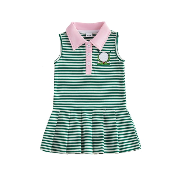 BemeyourBBs Toddler Baby Golf Dress Outfit Cute Infant Girls Summer Striped Dress Sleeveless Turn Down Collar Embroidery Pleated Tank Dress A Line Dress