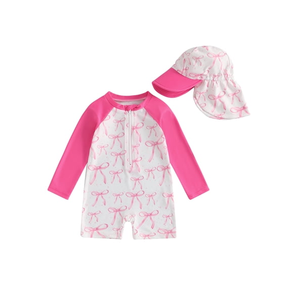 BemeyourBBs Toddler Baby One Piece Swimsuit with Sunhat Set Infant Girl Bathing Suit Long Sleeve Rash Guard Floral Bow Strawberry Print Half Zipper Swimwear Summer Beachwear
