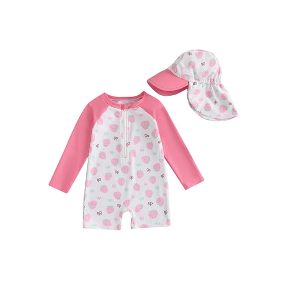 BemeyourBBs Toddler Baby One Piece Swimsuit with Sunhat Set Infant Girl Bathing Suit Long Sleeve Rash Guard Floral Bow Strawberry Print Half Zipper Swimwear Summer Beachwear