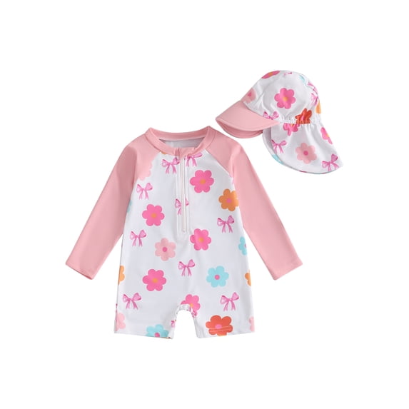 BemeyourBBs Toddler Baby One Piece Swimsuit with Sunhat Set Infant Girl Bathing Suit Long Sleeve Rash Guard Floral Bow Strawberry Print Half Zipper Swimwear Summer Beachwear