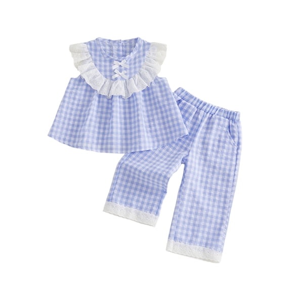 BemeyourBBs Toddler Baby Spring Summer Fall Clothes Cute Baby Girl Plaid Gingham 2 Pieces Outfit Sleeveless Lace Ruffled Tunic Shirt Babydoll Tank Vest Tops and Wide Leg Pants Set