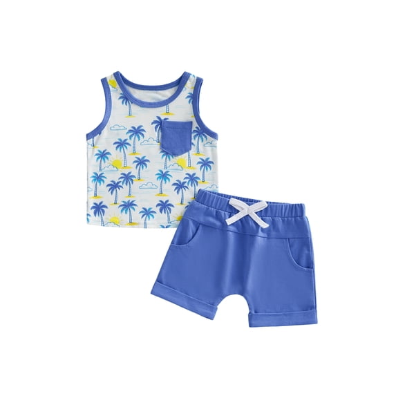 BemeyourBBs Toddler Boys Summer Clothes 2 Pieces Outfits Sailboat Tree Dinosaur Print Tank Top with Elastic Waist Shorts Set Toddler Boys Summer Beach Outfit