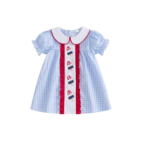 BemeyourBBs Toddler Girl 4th of July Dress Fourth of July Outfit Baby Girl Memorial Day Independent Day Outfits Summer Gingham Plaid Dress Ice Cream Embroidery Short Sleeve Doll Collar A-Line Dress