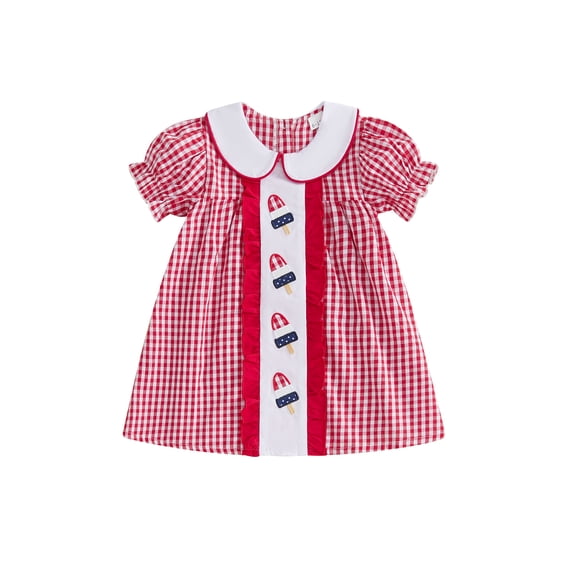 BemeyourBBs Toddler Girl 4th of July Dress Fourth of July Outfit Baby Girl Memorial Day Independent Day Outfits Summer Gingham Plaid Dress Ice Cream Embroidery Short Sleeve Doll Collar A-Line Dress