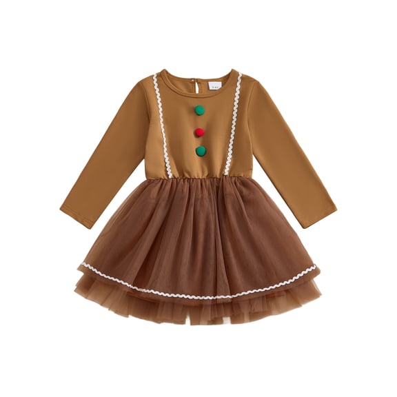 BemeyourBBs Toddler Girl Christmas Gingerbread Dress Ric Rac Long Sleeve A-line Tulle Dress with Decorative Buttons Cute Baby Clothes