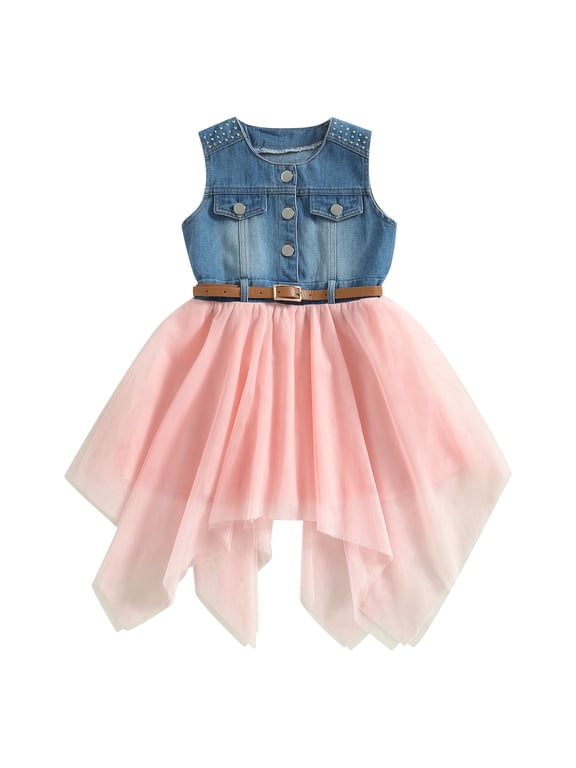 Toddler Girl Denim Dress Baby Girls Jean Dresses Toddler Cowgirl Outfit Girls Birthday Dress Summer Sleeveless Asymmetrical Princess Tulle Tutu Patchwork Dress With Belt